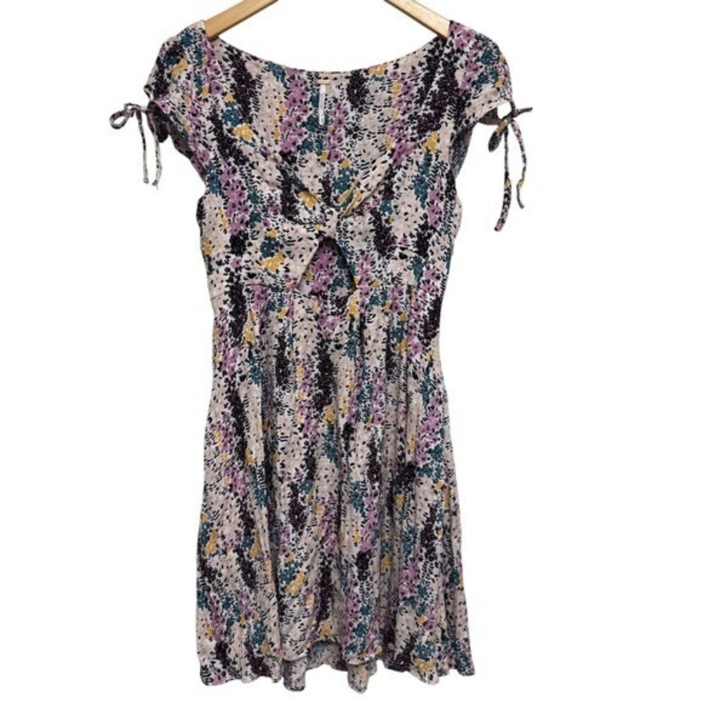 Free People‎ Floral Mini Dress Cutout Tie Sleeve Cottagecore XS Extra Small - Picture 2 of 9